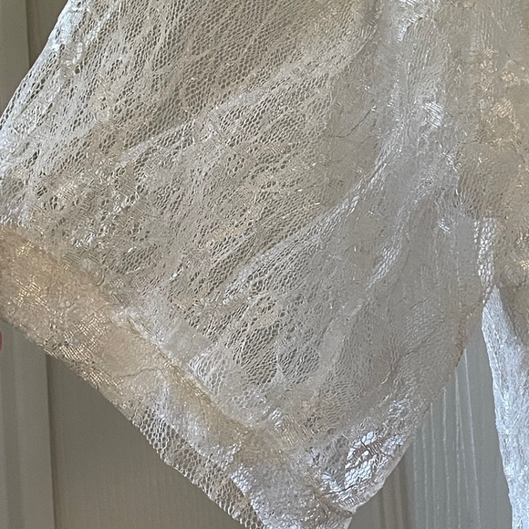 White Lace ultra-feminine top mock turtleneck short sleeves Sz L Zipper back - Picture 3 of 8